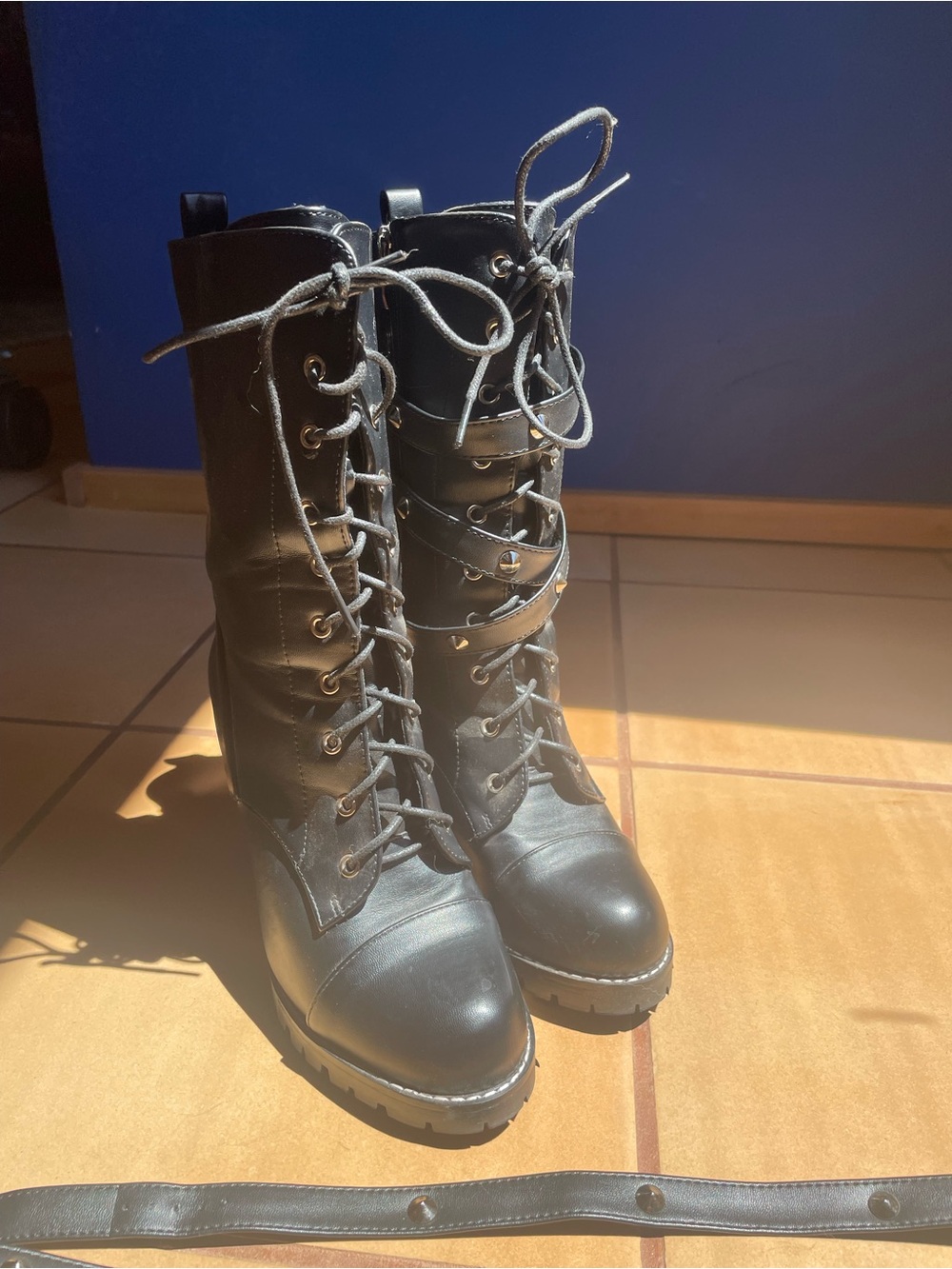 Black Lace-Up Platform Combat Boots for Women